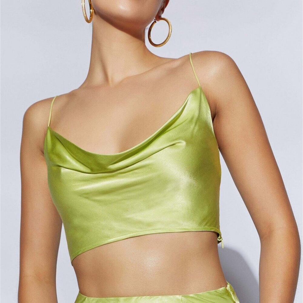 Satin Cowl Neck Crop Top - Size: Small/ Color: Green Pistachio
